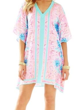 Lilly Pulitzer Thea V-Neck Caftan Dress Pewter Pink Sole Seaurchin L/XL Kimono